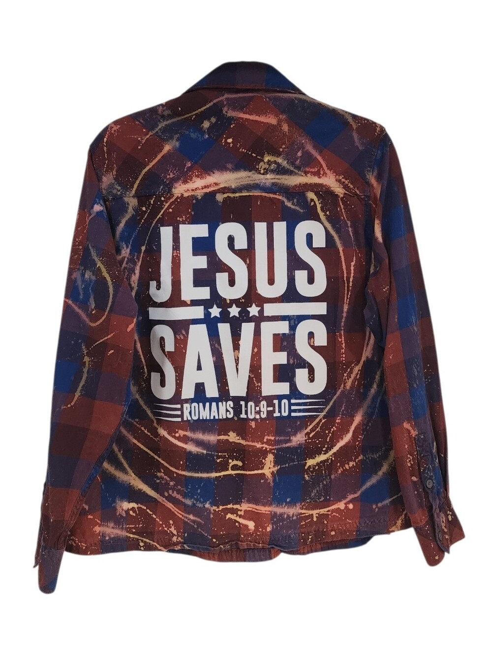 Jesus Saves Repurposed Christian Theme Plaid Shirt, XL